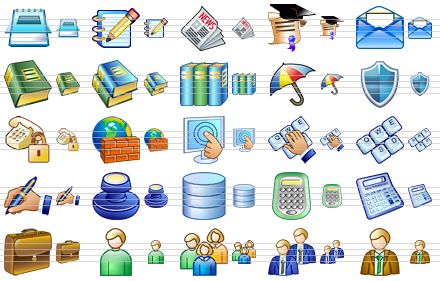 toolbar icon set - notepad, notes, newspaper, knowledge, mail, book, books, book library, umbrella, shield, voice identification, firewall, access, login, keyboard, signature, stamp, database, calculator, calculator v2, brief case, user, user group, managers, engineer icon