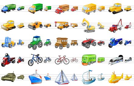 transport icon set - van, taxi-lorry, cow wagon, mail delivery, catterpillar tractor, bulldozer, road roller, crane truck, excavator, tow truck, fork-lift truck, wheeled tractor, coach, utility atv, motorcycle, motorcyclist, bicycle, bike, train, subway, tank, ship, yacht, sailing ship, yellow submarine icon