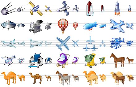 transport icon set - first satellite, satellite, space station, space shuttle, rocket, ufo, moon-buggy, ballon, airship, airplane, plane, air-freighter, liner, air forces, helicopter, casualty helicopter, wheelchair, baby carriage, hand cart, horse, camel, camel v2, horses, camels, pack animals icon