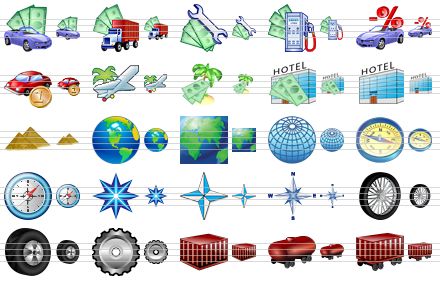 transport icon set - automobile loan, transportation costs, repair costs, fuel expenses, automobile loan interest payment, car expenses, journey, tourist industry, tourist business, hotel, egypt pyramids, earth, square earth, globe, compass, compass v2, navigator, nato, wind rose, bike wheel, wheel, gear, freight container, tank-wagon, freight car icon