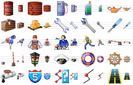 transport icon set - metal barrel, oil tank, gas, oil pack, oil, baggage, pallet, wrench, monkey wrench, screwdriver, car keys, driver, pillot, courier, barrier, open barrier, traffic lights, peak-cap, ring-buoy, steering-wheel, pipe line, route id, check route, waypoint, straight road icon