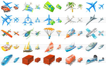 transport icons for vista - transport, air tickets, air tickets v2, travel, liner, flights, air forces, add flight, plane, airline, airplane, helicopter, parachute, rocket, satellite, yellow submarine, sail, yacht, boat, ship, train, freight container, freight car, tank wagon, subway icon
