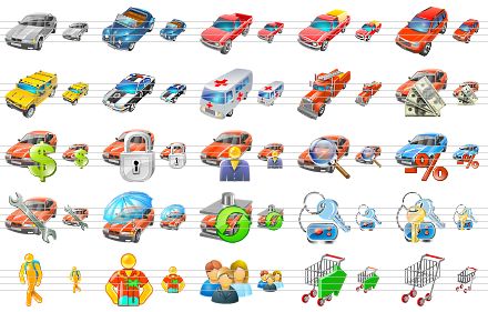 transport icons for vista - silver car, cabriolet, pick-up, laden pick-up, jeep, hummer, police car, ambulance car, fire engine, automobile loan, rent a car, car guard, car buyer, find car, automobile loan interest payment, car repair, auto insurance, car utilization, car key, car keys, hiker, tourist, customers, check out cart, shopping cart icon