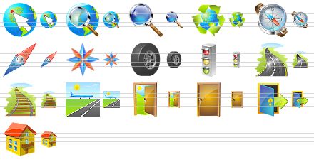 transport icons for vista - place selection, zoom place, zoom, recycling, compass, compass needle, wind rose, wheel, traffic lights, road, railway, airport, open door, closed door, exit, home icon