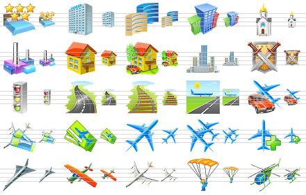 travel icon set - hotel stars, hotel, hotels, company, church, industry, home, property, city, shield and swords, traffic lights, road, railway, airport, transport, air tickets, air tickets v2, liner, flights, add flight, airline, airplane, plane, parachute, helicopter icon