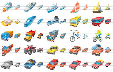travel icon set - rocket, ship, boat, yacht, sail, yellow submarine, train, subway, bus, red bus, cargo, lorry, panel truck, bike, cyclist, motorcycle, utility atv, taxi, car, cars, silver car, cabriolet, jeep, pick-up, laden pick-up icon