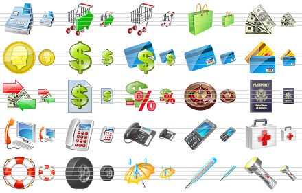 travel icon set - cash register, check out cart, shopping cart, buyer bag, cash, coin, dollar, money, credit card, credit cards, exchange, price list, sale, casino, passport, phone support, phone, office phone, mobile phone, first aid, ring-buoy, wheel, rain, temperature, torch icon