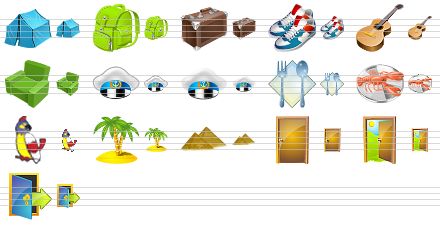 travel icon set - tent, knapsack, baggage, shoes, guitar, relaxation, peak cap, peak cap v2, food, lobster, parrot, coconut tree, egyptian pyramids, closed door, open door, exit icon