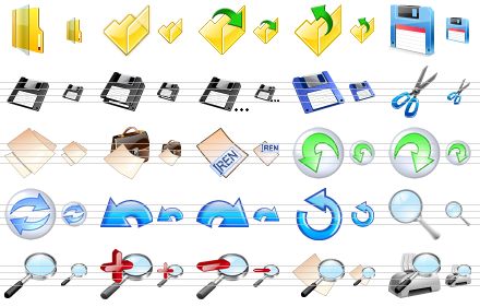 vista toolbar icons - folder, folder xp, open file, up folder, diskette, save, save all, save as, floppy disk, cut, copy, paste, rename, undo, redo, refresh, undo v2, redo v2, refresh v2, find, zoom, zoom in, zoom out, preview, print preview icon