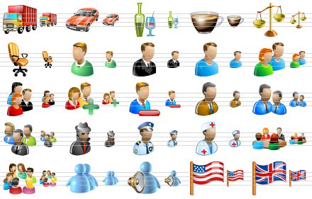 vista toolbar icons - delivery, car, beverage, coffee cup, scales, chair, agent, boss, user, users, user group, add users, remove user, engineer, staff, customers, spy, policeman, doctor, conference, large group, chat, voice chat, usa flag, britain flag icon