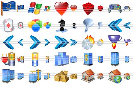vista toolbar icons - european flag, microsoft flag, favourites, games, game, game cards, objects, chess, filter, fast back, play back, play forward, fast forward, burn cd, start java, energy, battery, company, bank, building, buildings, construction, warehouse, home, homepage icon