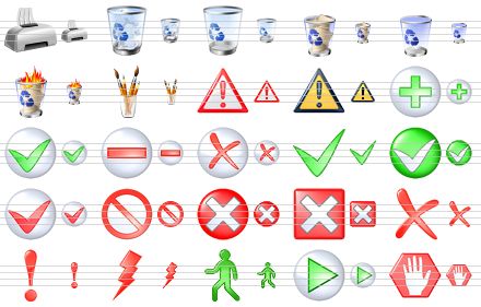 vista toolbar icons - print, full recycle bin, recycle bin, full dustbin, empty dustbin, burn dustbin, graphic tools, attention, warning, add, yes, remove, delete, check mark, ok, red ok, no, cancel, close, erase, problem, disaster, ignore, play, abort icon