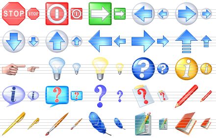 vista toolbar icons - stop, turn off, next, back, forward, down, up, go back, go forward, update, index, tip of the day, light bulb, help, info, about, hint, question, questionnaire, pencil, pen, brush, feather, notes, case history icon