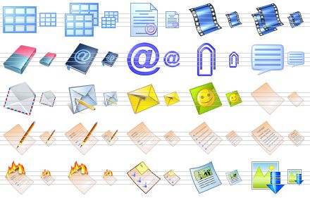 vista toolbar icons - table, tables, report, frame, duplicate frame, eraser, address book, e-mail, attach, message, mail, write e-mail, envelope, smile image, new document, edit document, order form, form, list, reports, burn document, burn sheet, properties, image document, download image icon