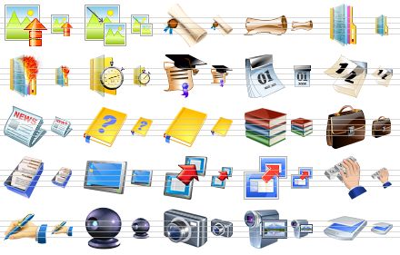 vista toolbar icons - upload image, resize image, certification, roll, documents, hot documents, temporary folder, knowledge, calendar, loose-leaf calendar, newspaper, help book, book, library, brief case, card file, desktop, data transmission, data transfer, login, signature, web-camera, photo, camcorder, scanner icon