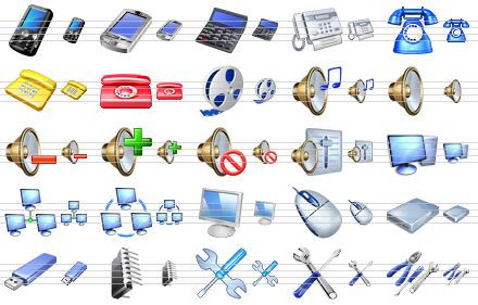 vista toolbar icons - mobile phone, pda, calculator, fax, telephone, phone, red phone, movie, music, volume, volume down, volume up, no sound, sound regulator, computer, workgroup, computer network, monitor, mouse, hard drive, removable drive, chip, settings, options, tools icon