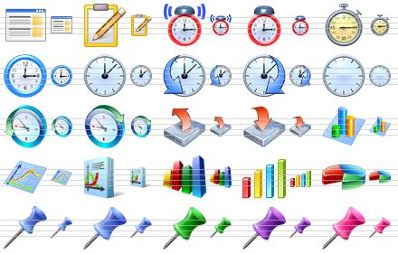 vista toolbar icons - web site, tasks, alarm, alarm clock, timer, clock, time, history, schedule, clock face, history v2, schedule v2, upload, download, 3d chart, chart, charts, 3d graph, 3d bar chart, pie chart, pin, blue pin, green pin, purple pin, pink pin icon