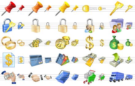 vista toolbar icons - red pin, orange pin, yellow pin, access key, key, registration, lock, unlock, locked users, users folders, wedding, money, coins, dollar, money bag, price list, visa card, credit cards, account id, income, payment, handshake, basket, check out cart, trailer icon