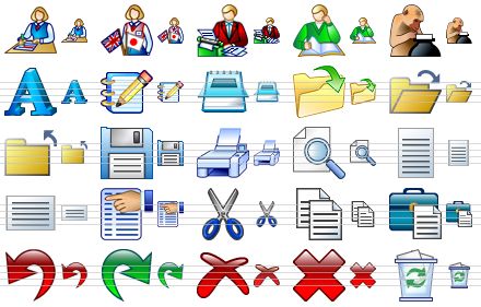 word icon library - editor, interpreter, writer, student, clever monkey, text, notes, notepad, open file, open folder, up folder, save file, print, preview, portrait, landscape, properties, cut, copy, paste, undo, redo, erase, delete v2, full trash can icon