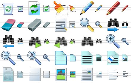 word icon library - empty trash can, refresh document, clear, edit, red pencil, eraser, grey eraser, search text, search, search next, search previous, search next v2, search previous v2, search v4, zoom in, zoom out, auto zoom, new file, document, clear document, text file, empty document, image document, text and image, align left icon