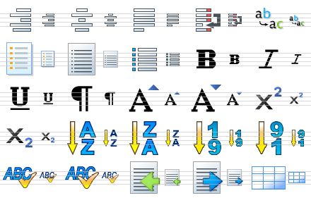 word icon library - align right, align center, justify, move row, replace, list v2, list v3, list v4, bold, italic, underlined, special symbols, enlarge size, reduce size, superscript, subscript, sorting a-z, sorting z-a, sorting 1-9, sorting 9-1, spell checking, spell checking v2, import text, export text, table icon