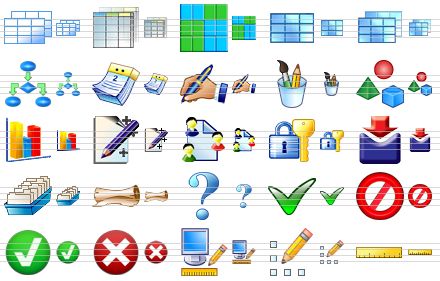 word icon library - tables, table v2, table v3, datasheet, datasheets, flow block, calendar, signature, graphic tools, objects, 3d bar chart, object manager, work area, secrecy, form editor, card file, roll, question, yes v3, no, ok v2, cancel, screen settings, pixel editor, ruler icon