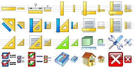 word icon library - ruler v2, ruler v3, ruler v4, rulers, rulers v2, rulers v3, rulers v4, rulers v5, horizontal ruler, vertical ruler, set square, set square v2, green set square, units, settings, check boxes, check options, help, home, close icon